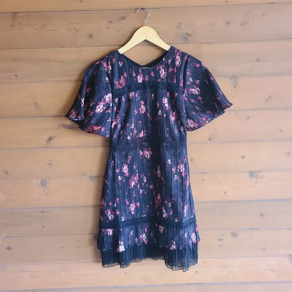 Anthropologie Biella Dress Mini Foxiedoxie NWT XS Black Floral Pleated Flutter - Picture 2 of 6